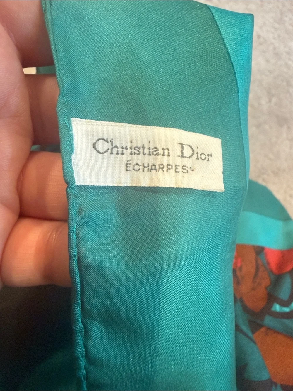 Dior Turquoise Floral Silk Scarf with Coral and Brown Accents Vintage 100% Silk